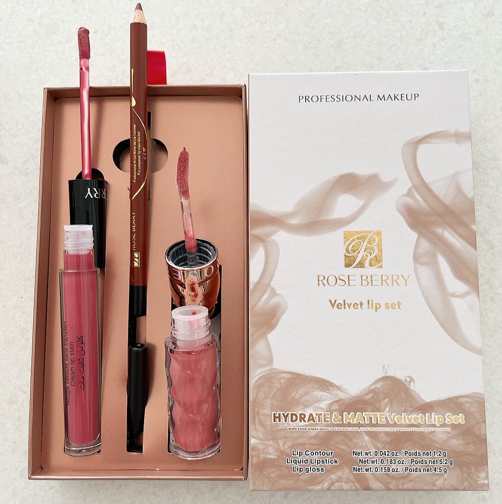3 PCS Velvet Lip Set Hydrate& Matte Liquid Lipstick, Lipliner  Lip Gloss