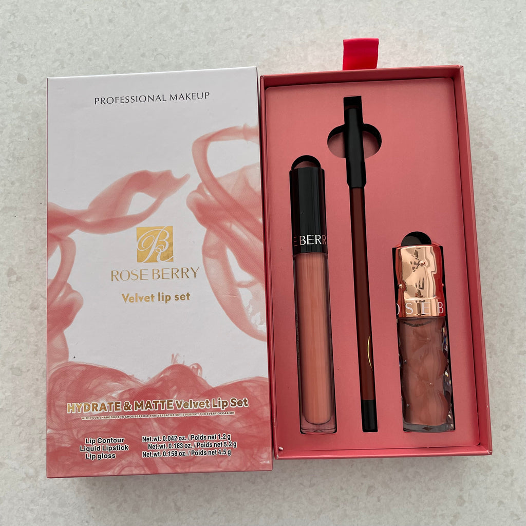 3 PCS Velvet Lip Set Hydrate& Matte Liquid Lipstick, Lipliner  Lip Gloss