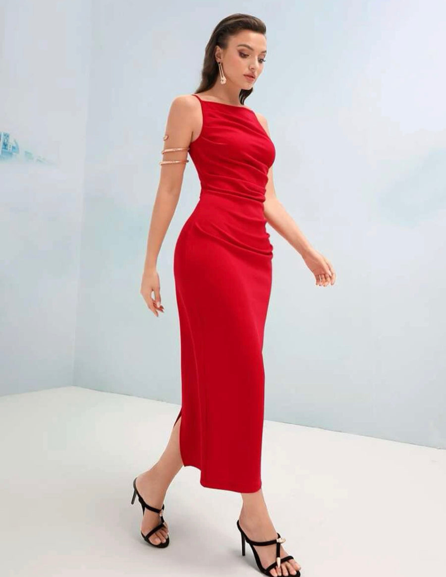 Red Solid Ruched Bodycon Dress