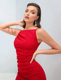 Red Solid Ruched Bodycon Dress