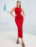 Red Solid Ruched Bodycon Dress