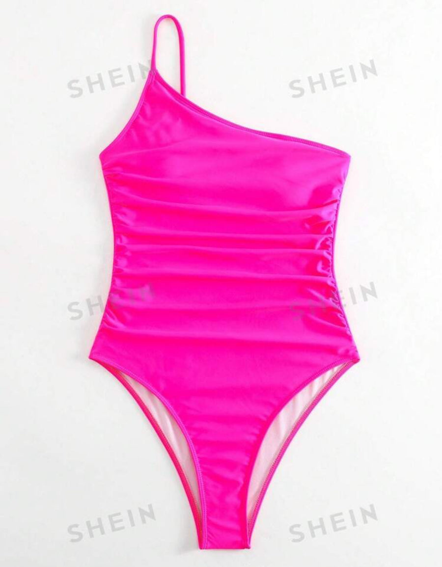 SHEIN Swim Vcay Summer Beach Ruched One Shoulder One Piece Swimsuit In Small Size