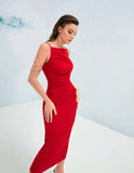 Red Solid Ruched Bodycon Dress