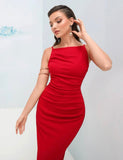 Red Solid Ruched Bodycon Dress